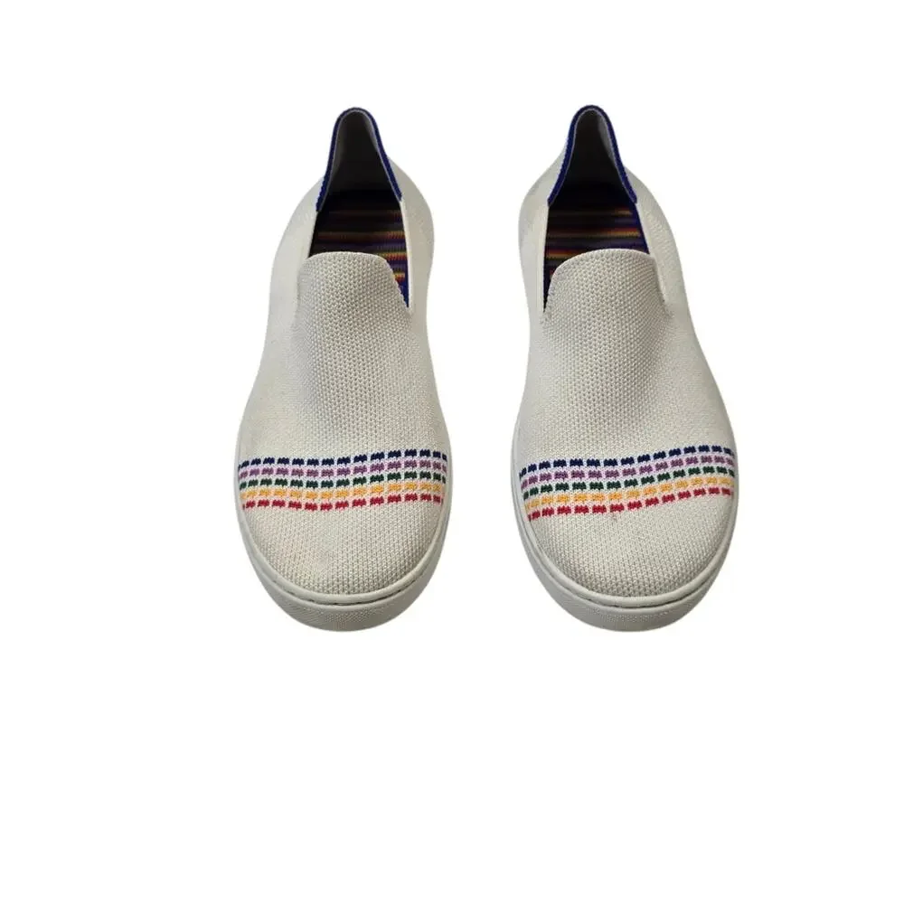 Rothy' The Kid Slip On Sneakers White Rainbow Stripe Knit Shoes 4 Youth Women's
